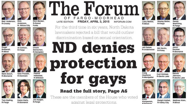 Newspaper Front Page Shames North Dakota Lawmakers Over Anti Gay Vote Talking Points Memo