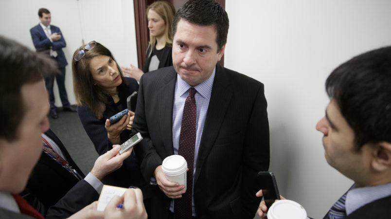 House Intelligence Committee Chairman Devin Nunes R-Calif. is questioned by reporters on Capitol Hill on the ouster of Michael Flynn President Trump’s national security adviser in Washington Tuesday Feb. 14 2017