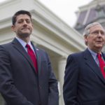 House Speaker Paul Ryan of Wis. listens at left as Senate Majority Leader Mitch McConnell of Ky. speaks to reporters outside the White House in Washington, Monday, Feb. 27, 2017, following their meeting with President Donald Trump inside. (AP Photo/Pablo Martinez Monsivais)