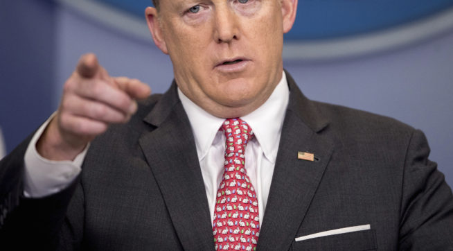 White House press secretary Sean Spicer wears an easter bunny tie as he talks to the media during the daily press briefing at the White House Monday