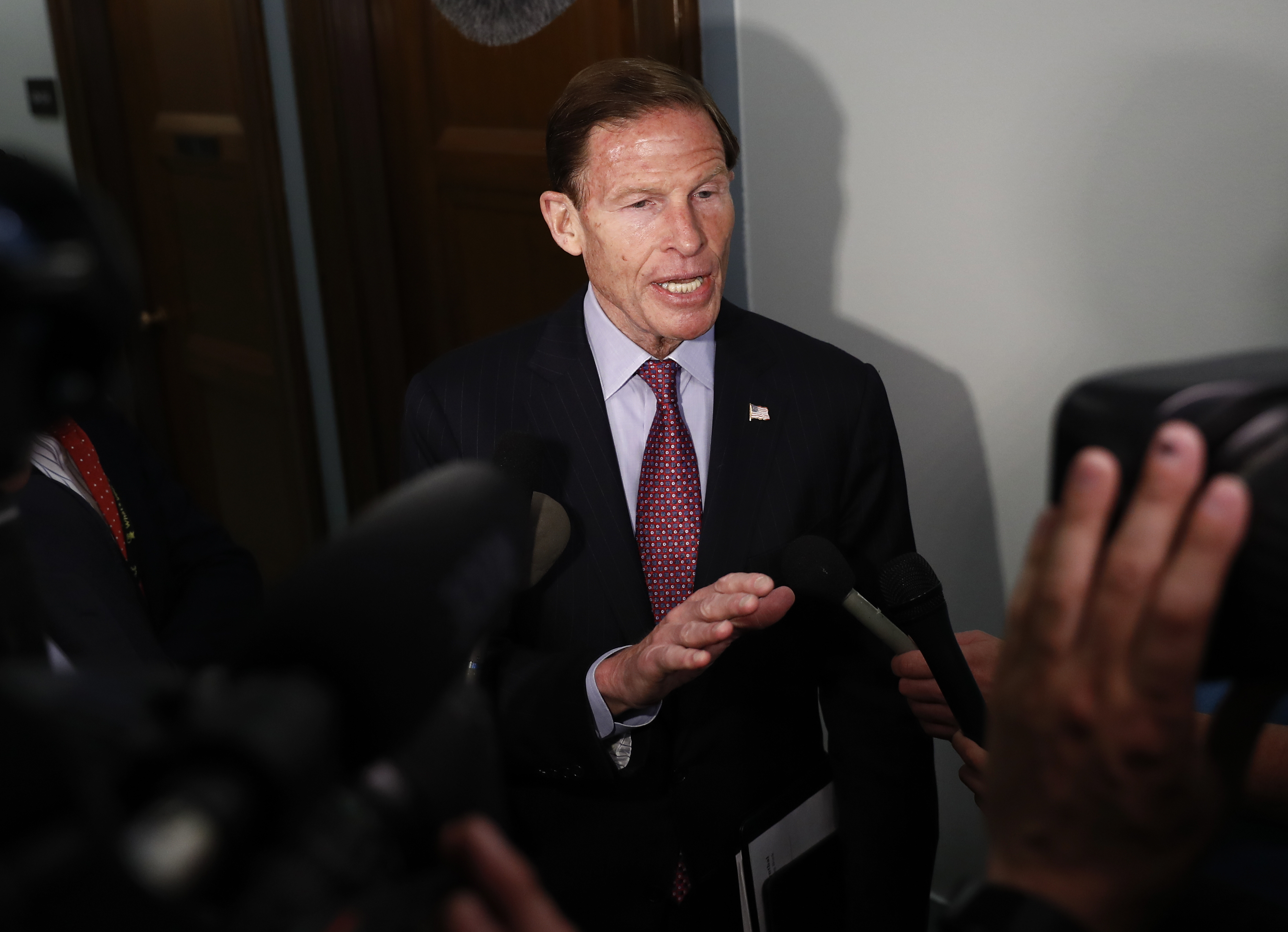 Judiciary Committee member Sen. Richard Blumenthal, D-Conn., talks to media on Capitol Hill in Washington, Wednesday, May 3, 2017, after FBI Director James Comey testified before the Senate Judiciary Committee hearing: "Oversight of the Federal Bureau of Investigation." (AP Photo/Carolyn Kaster)
