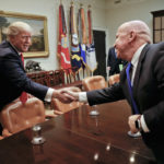 President Donald Trump shakes hands with Rep. Kevin Brady, R-Texas, right, during a meeting with House and Senate legislators in the Roosevelt Room of the White House in Washington, Thursday, Feb. 2, 2017. (AP Photo/Pablo Martinez Monsivais)