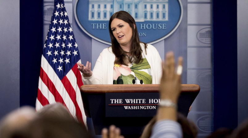 White House deputy press secretary Sarah Huckabee Sanders talks to the media during the daily press briefing at the White House, Monday, June 5, 2017, in Washington. Sanders discussed Trump's travel ban, health care, former FBI Director James Comey testifying to Congress and other topics. (AP Photo/Andrew Harnik)