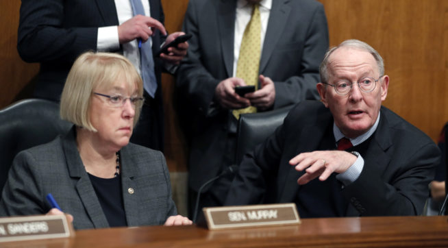 Senate Health Education Labor and Pensions Committee Chairman Sen. Lamar Alexander R-Tenn. accompanied by the committee's ranking member Sen. Patty Murray D-Wash. speaks on Capitol Hill in Washington Tuesday Jan. 31 2107 during the committe