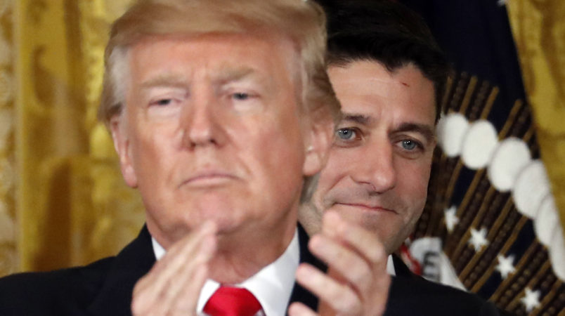 President Donald Trump applauds with House Speaker Paul Ryan of Wis., behind him in the East Room of the White House, Wednesday, July 26, 2017, in Washington. Trump is announcing the first U.S. assembly plant for electronics giant Foxconn in a project that's expected to result in billions of dollars in investment in the state and create thousands of jobs. (AP Photo/Alex Brandon)