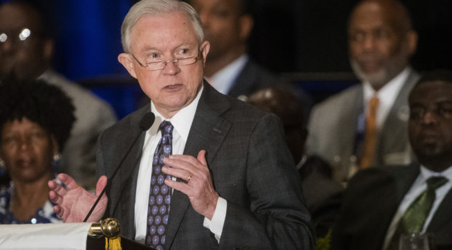 Attorney General Jeff Sessions addresses the National Organization of Black Law Enforcement Executives during a conference Tuesday