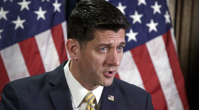 Speaker of the House Paul Ryan R-Wis. meets reporters as the White House and congressional Republicans are finalizing a tax plan at Republican National Committee Headquarters on Capitol Hill in Washington Tuesday Sept. 26 2017. Ryan began his remark