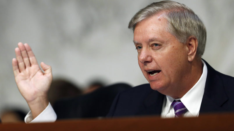 Sen. Lindsey Graham R-S.C. chairman of the Senate Judiciary Subcommittee on Crime and Terrorism questions Attorney General Jeff Sessions during a Senate Judiciary Committee hearing on Capitol Hill in Washington Wednesday Oct. 18 2017. (AP