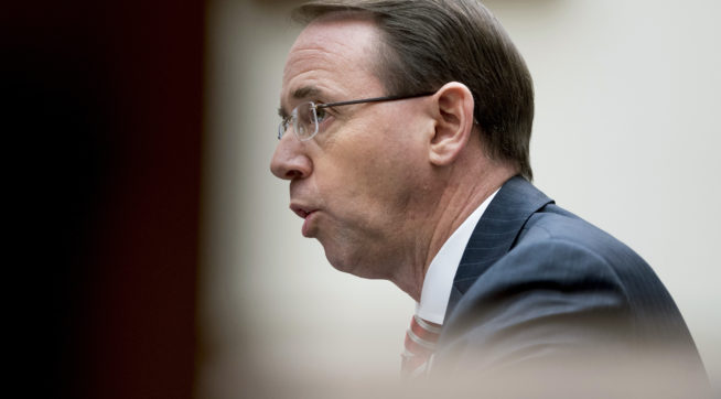 Deputy Attorney General Rod Rosenstein speaks before a House Committee on the Judiciary oversight hearing on Capitol Hill Wednesday Dec. 13 2017 in Washington. Two FBI officials who would later be assigned to the special counsel's investigation