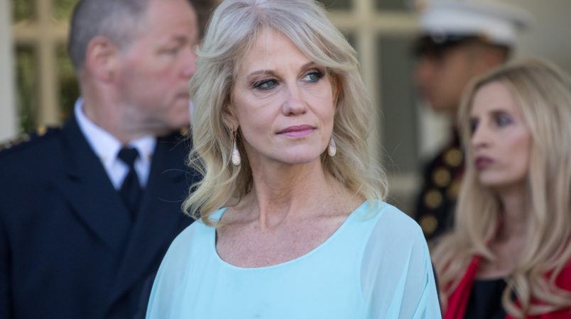 White House counselor Kellyanne Conway stands by as reporters speak to attendees of the event combatting drug demand and the opioid crisis outside the West Wing of the White House on Thursday October 26th 2017