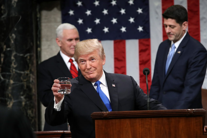 during the State of the Union address in the chamber of the U.S. House of Representatives January 30, 2018 in Washington, DC. width=