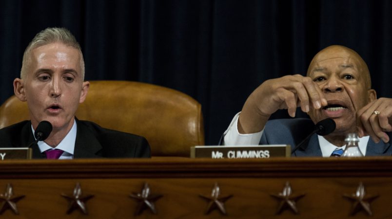 WASHINGTON DC- OCTOBER 22 Chairman Trey Gowdy and Co Chairman Elijah Cummings argue while former Secretary of State Hillary Clinton testifies before the House Select Committee on Benghazi on Capitol Hill in Washington DC Thursday Octobe