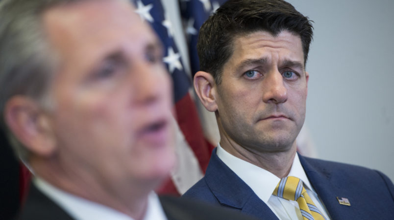 UNITED STATES- MARCH 06 Speaker of the House Paul Ryan R-Wis. right and House Majority Leader Kevin McCarthy R-Calif. conduct a news conference in the Capitol after a meeting of the House Republican Conference