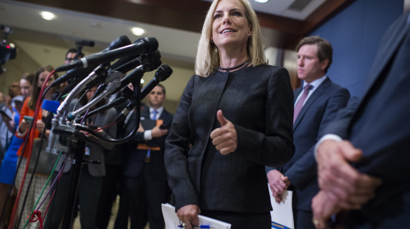 UNITED STATES- MAY 22 Homeland Security Secretary Kirstjen Nielsen and Rep. Michael McCaul R-Texas chairman of the House Homeland Security Committee off camera address the media after briefing on election security with House members in the Capitol