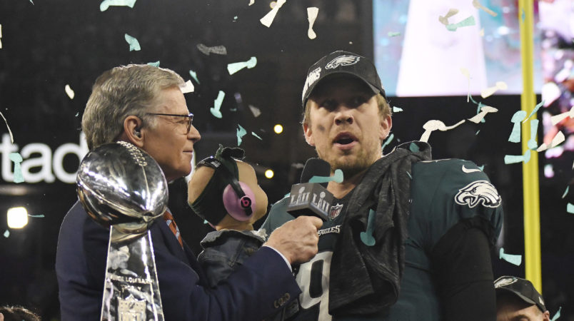 MINNEAPOLIS MN- FEBRUARY 04 Nick Foles #9 of the Philadelphia Eagles talks with commentator Dan Patrick after the Eagles defeated the New England Patriots in Super Bowl LII at U.S. Bank Stadium